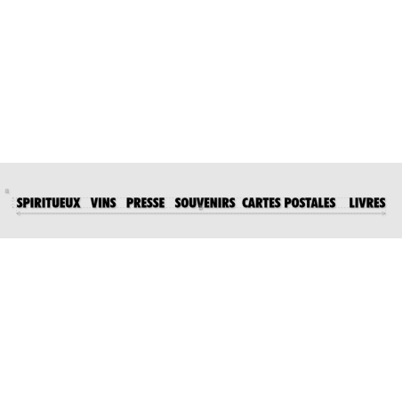 Découpe de lettres : "SPIRITUEUX   VINS   PRESSE   SOUVENIRS  CARTES POSTALES    LIVRES"